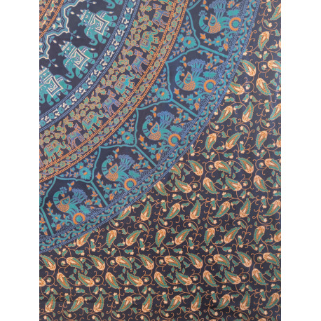 Tenture murale indienne mandala éléphants et paons en coton bleu marine, bleu turquoise et beige - 200 x 240 cm