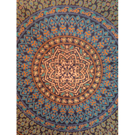 Tenture murale indienne mandala éléphants et paons en coton bleu marine, bleu turquoise et beige - 200 x 240 cm