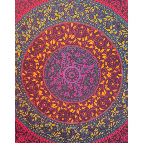 Tenture murale indienne mandala floral cachemire en coton prune, rose fuchsia et turquoise - 200 x 240 cm