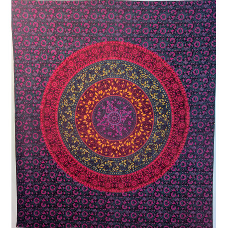 Tenture murale indienne mandala floral cachemire en coton prune, rose fuchsia et turquoise - 200 x 240 cm