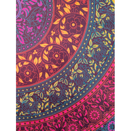 Tenture murale indienne mandala floral cachemire en coton prune, rose fuchsia et turquoise - 200 x 240 cm