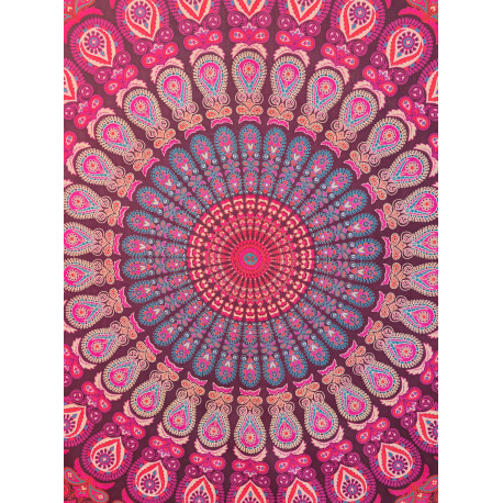 Tenture murale indienne mandala cachemire en coton prune, rose fuchsia et turquoise – 200 x 240 cm