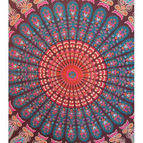 Tenture murale indienne mandala cachemire en coton prune, rose fuchsia et turquoise – 200 x 240 cm