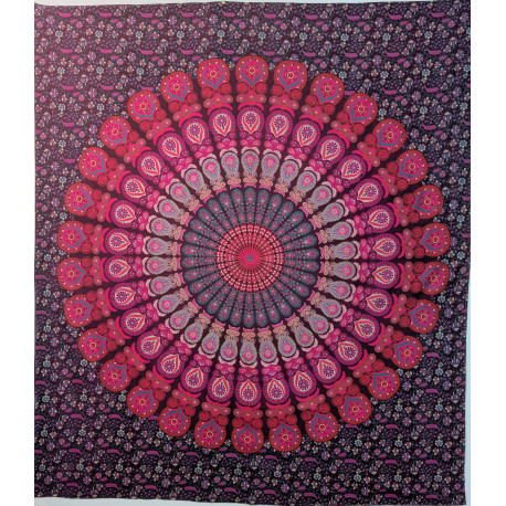 Tenture murale indienne mandala cachemire en coton prune, rose fuchsia et turquoise – 200 x 240 cm