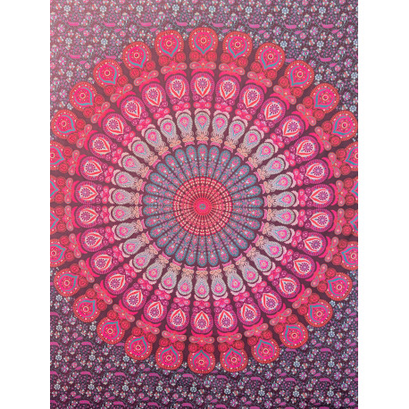 Tenture murale indienne mandala cachemire en coton prune, rose fuchsia et turquoise – 200 x 240 cm