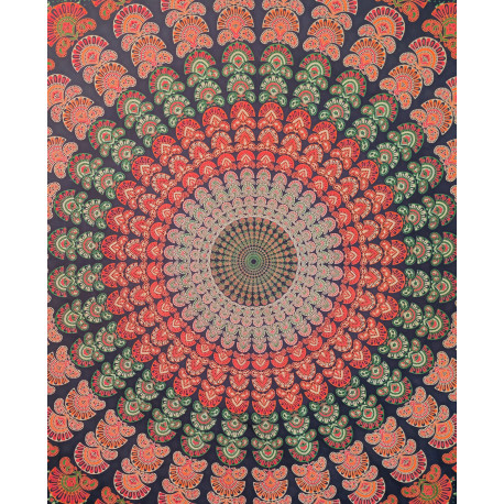 Tenture murale indienne mandala floral en coton noir, corail et vert sauge – 200 x 240 cm