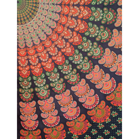 Tenture murale indienne mandala floral en coton noir, corail et vert sauge – 200 x 240 cm