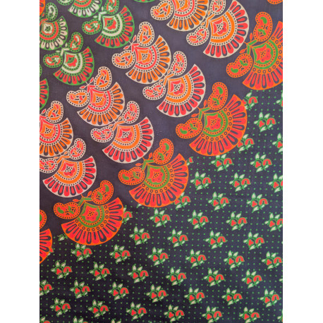 Tenture murale indienne mandala floral en coton noir, corail et vert sauge – 200 x 240 cm