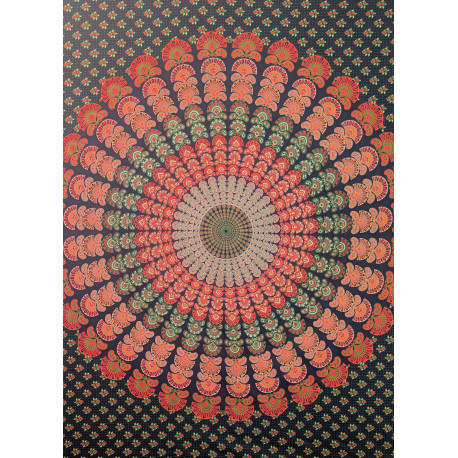Tenture murale indienne mandala floral en coton noir, corail et vert sauge – 200 x 240 cm