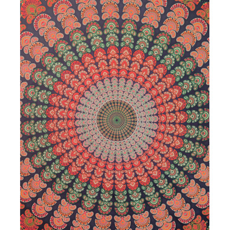 Tenture murale indienne mandala floral en coton noir, corail et vert sauge – 200 x 240 cm