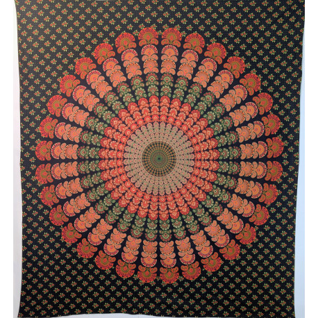 Tenture murale indienne mandala floral en coton noir, corail et vert sauge – 200 x 240 cm