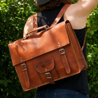 Cartable cuir à l'ancienne avec bretelles - XL