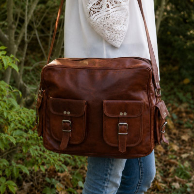 sacoche en cuir vintage bandoulière multipoche ordinateur