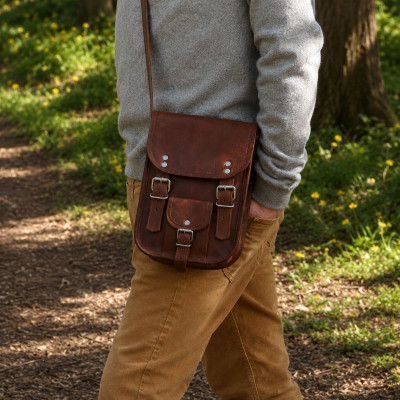 petite sacoche en cuir vintage homme 2 boucles - S
