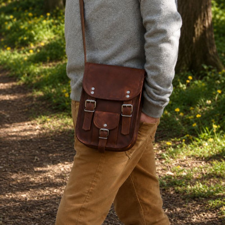 petite sacoche en cuir vintage homme 2 boucles - S