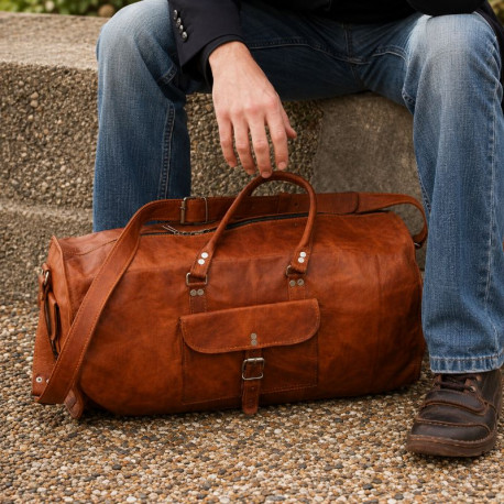 Sac de voyage en cuir vintage à bandoulière – Bowling – XXL