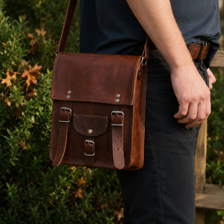 Sacoche homme vintage en cuir à bandoulière – 2 boucles – M