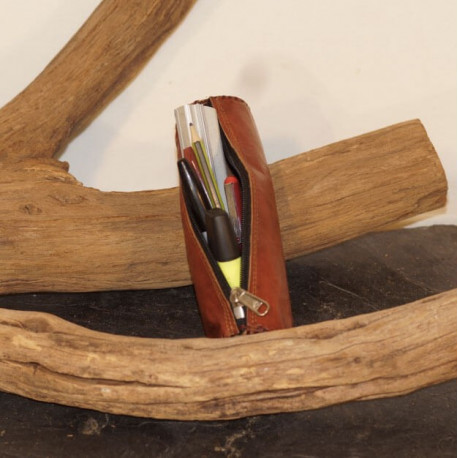 Trousse ronde en cuir naturel