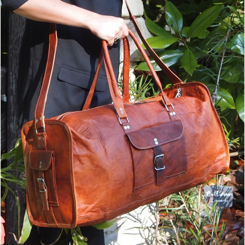 grand sac de voyage en cuir véritable vintage week-end artisanat