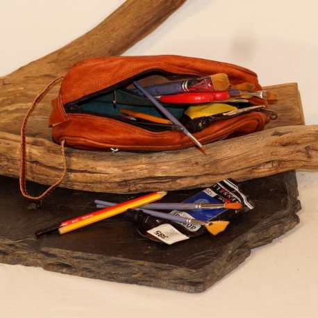 Trousse de toilette en cuir naturel - Vintage