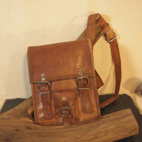 petite sacoche en cuir vintage homme 2 boucles - S