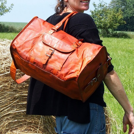 Sac de Sport en Cuir - Bagage à Main Vintage - Carré - XL