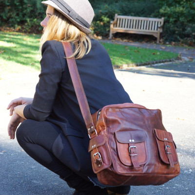 Sacoche en cuir  vintage à bandoulière - Multipoches - XL