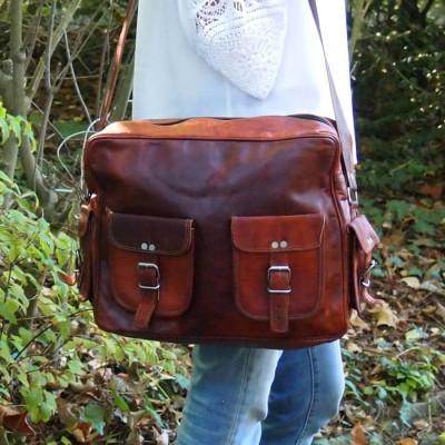 Sacoche en cuir vintage à bandoulière - Multipoches - XL