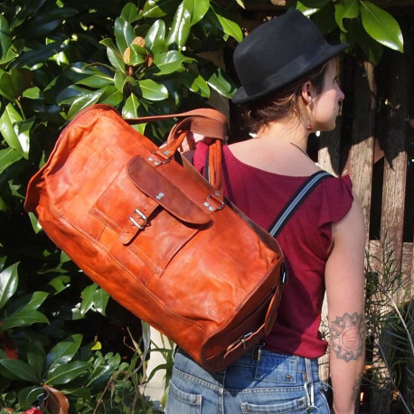 Sac de voyage cuir vintage, forme bowling en cuir naturel de chèvre