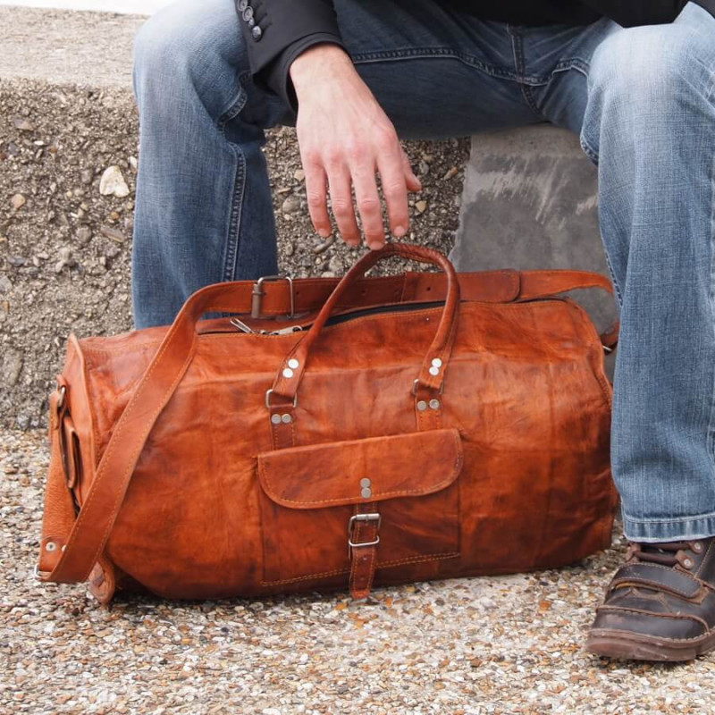 Sac de voyage cuir vintage, forme bowling en cuir naturel de chèvre