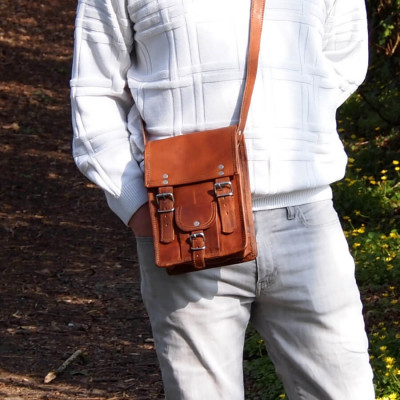 petite sacoche en cuir vintage homme 2 boucles - S
