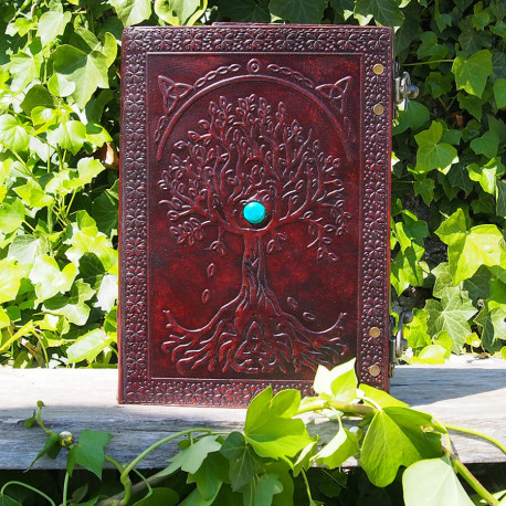 Grimoire épais en cuir - Arbre de vie et Turquoise