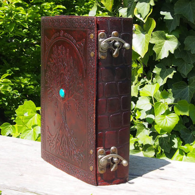 Grimoire épais en cuir - Arbre de vie et Turquoise