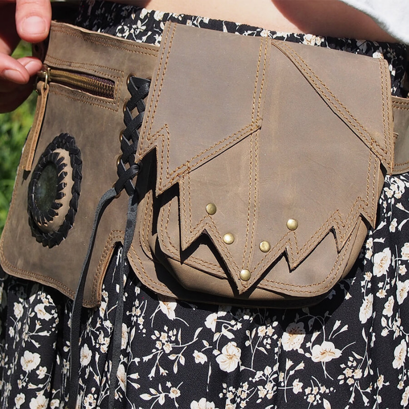 Ceinture à poches en cuir Feuilles et labradorite - Trolls