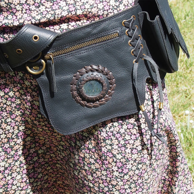 Ceinture à poches en cuir Feuilles et labradorite - Trolls