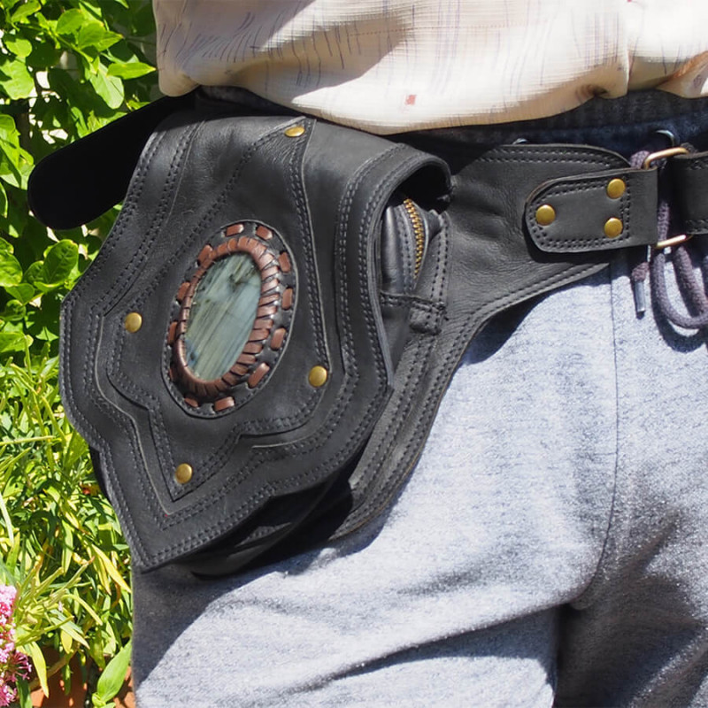 Pochette ceinture en cuir - Labradorite - Tribale