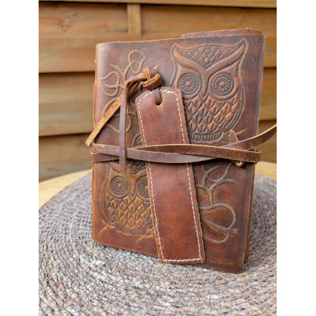 Carnet en cuir de buffle motif double hiboux avec marque-page en cuir - format M