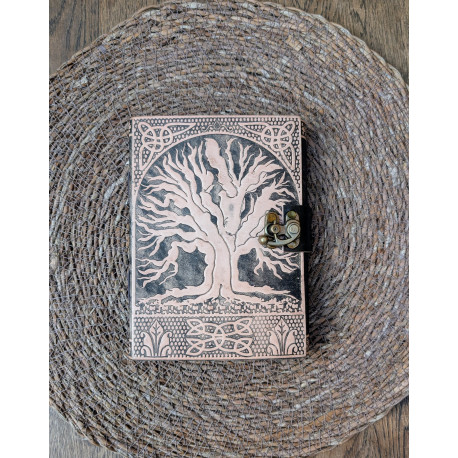 Carnet en cuir noir et blanc Arbre de vie - grimoire artisanal à crochet en laiton - format M