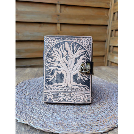 Carnet en cuir noir et blanc Arbre de vie - grimoire artisanal à crochet en laiton - format M