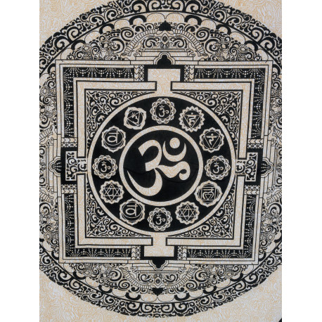 Tenture murale indienne Om noire et beige en coton - 140 x 200 cm