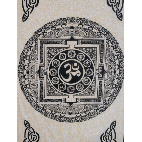 Tenture murale indienne Om noire et beige en coton - 140 x 200 cm