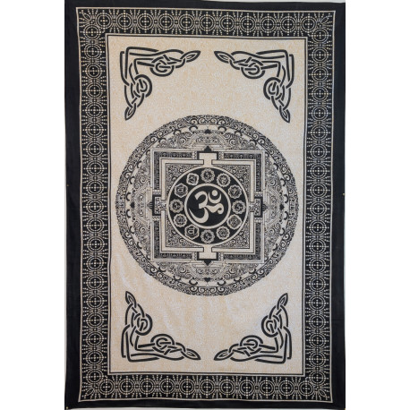Tenture murale indienne Om noire et beige en coton - 140 x 200 cm