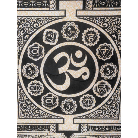 Tenture murale indienne Om noire et beige en coton - 140 x 200 cm