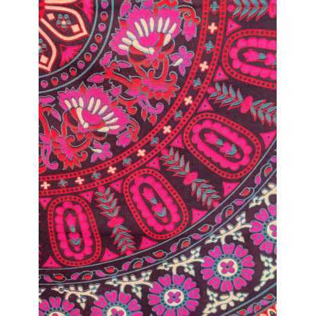 Tenture murale indienne mandala éléphants en coton noir, rose fuchsia et violet - 140 x 200 cm