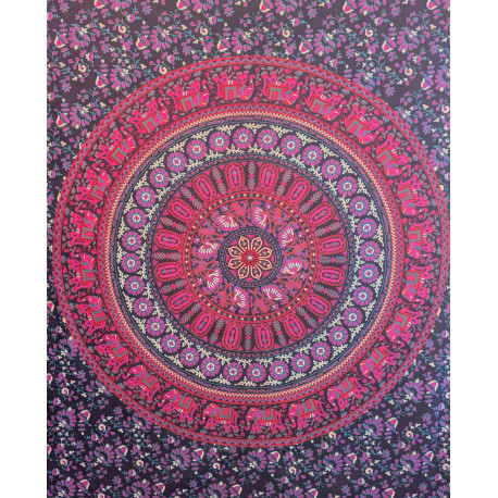 Tenture murale indienne mandala éléphants en coton noir, rose fuchsia et violet - 140 x 200 cm