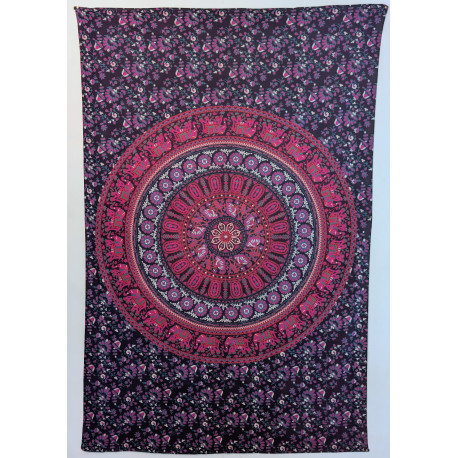 Tenture murale indienne mandala éléphants en coton noir, rose fuchsia et violet - 140 x 200 cm