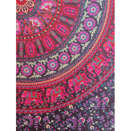 Tenture murale indienne mandala éléphants en coton noir, rose fuchsia et violet - 140 x 200 cm