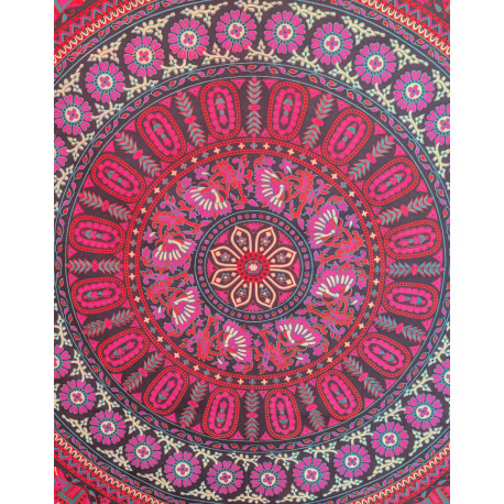 Tenture murale indienne mandala éléphants en coton noir, rose fuchsia et violet - 140 x 200 cm