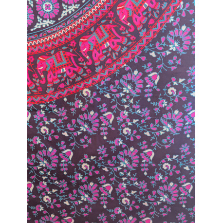 Tenture murale indienne mandala éléphants en coton noir, rose fuchsia et violet - 140 x 200 cm