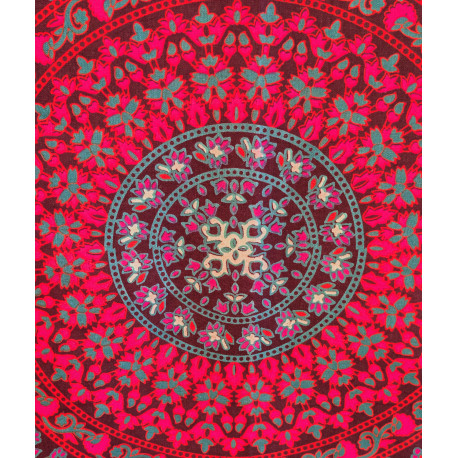 Tenture murale indienne mandala éléphants et paons en coton noir, rose fuchsia et bleu turquoise - 140 x 200 cm